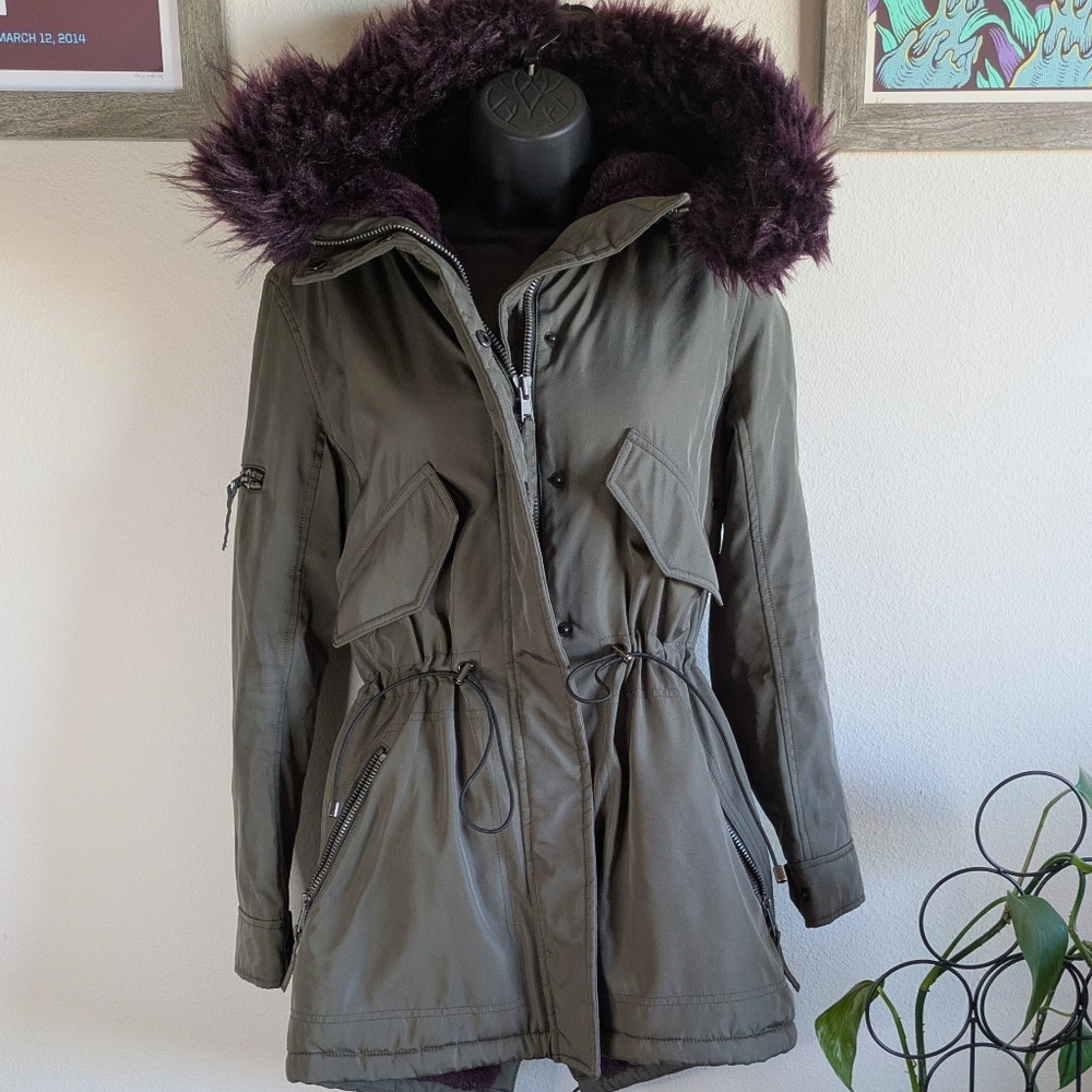 S13 Army Green Parka Jacket with Purple Faux Fur Lining